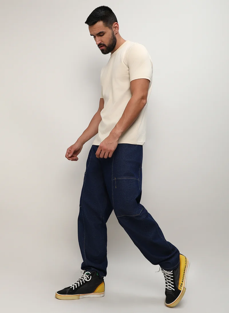Campus Sutra  Men's Navy Blue Baggy Cargo Denim Jeans For Everyday Wear | Dark-Wash |  Button Closure | Oversized Fit | Denim Jeans Crafted With Comfort Fit For Everyday Wear for Men | Best Price UAE